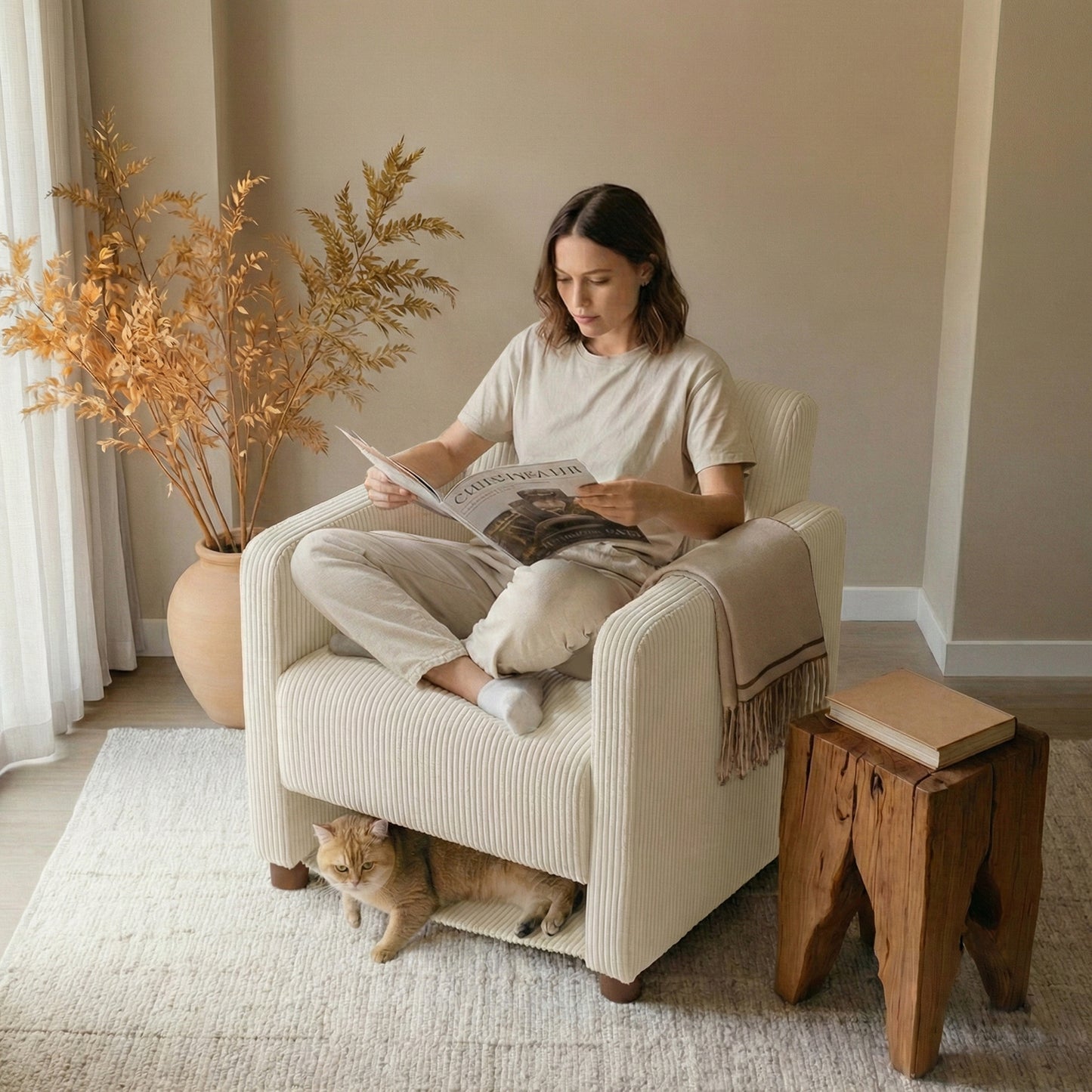 Sillón Individual Moderno de Pana Beige con Espacio para Mascotas