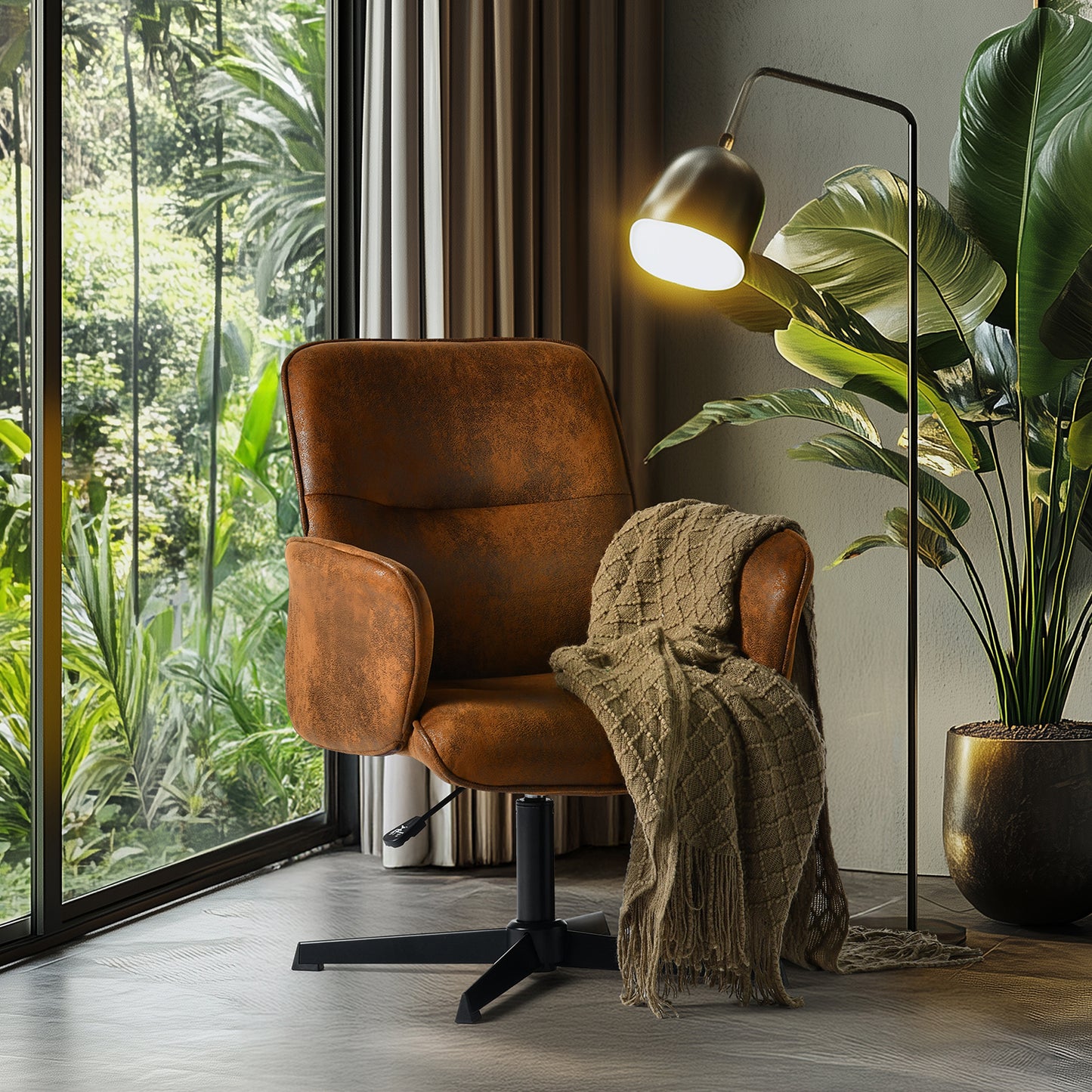 Silla Cruzada, Silla de Oficina Ergonómica con Respaldo Medio y Reposabrazos Marrón