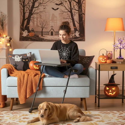 Mesa Plegable para TV con Portavasos, Mesa para Refrigerios con 4 Ajustes de Altura y 4 ángulos de Inclinación Negro