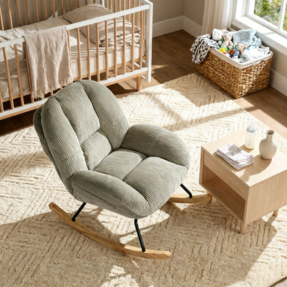 Silla Mecedora Tapizada de Pana Gris con Base de Madera y Metal