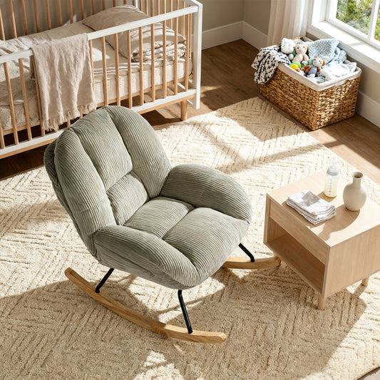 Silla Mecedora Tapizada de Pana Gris con Base de Madera y Metal