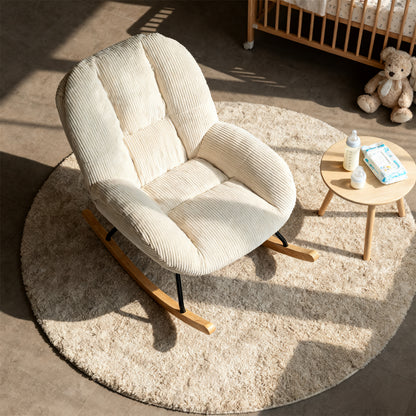 Silla Mecedora Tapizada de Pana Beige con Base de Madera y Metal