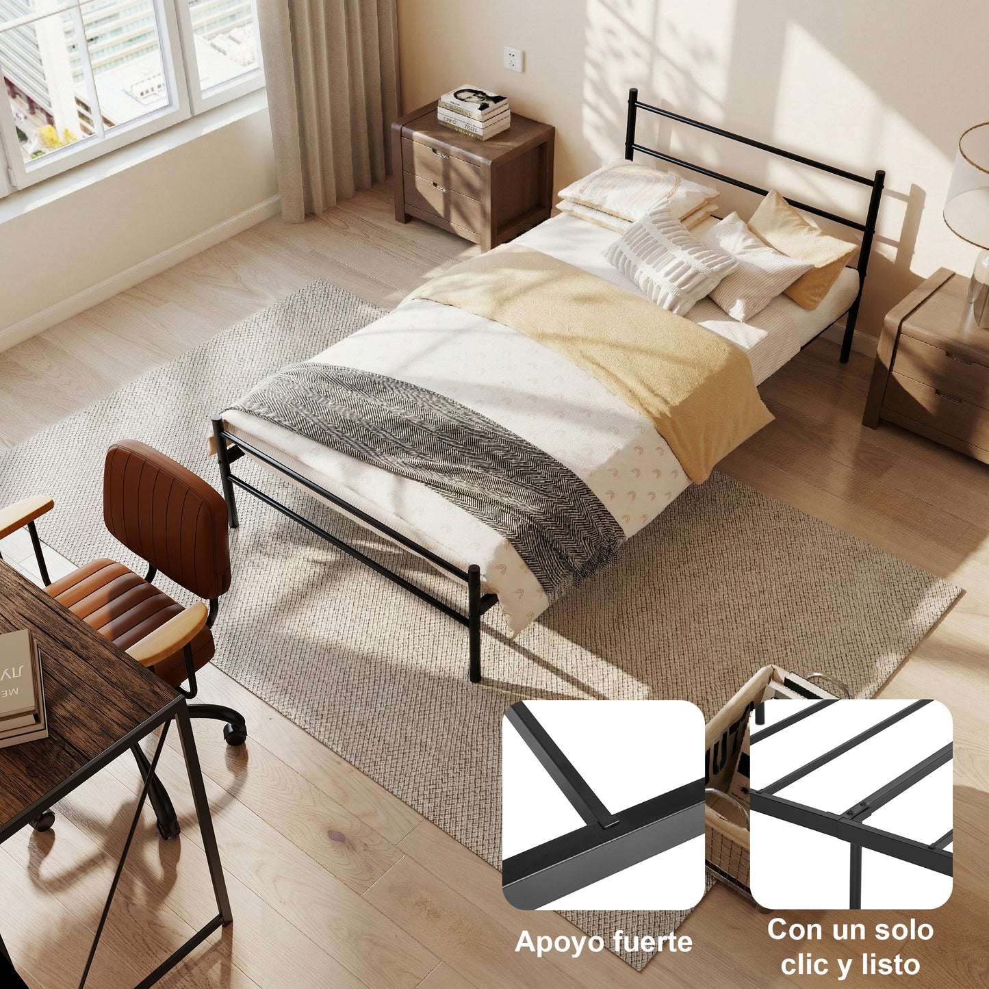 Cama Twin Armazón de Cama de Metal de fácil Montaje con cabecera y pie de Cama Negro