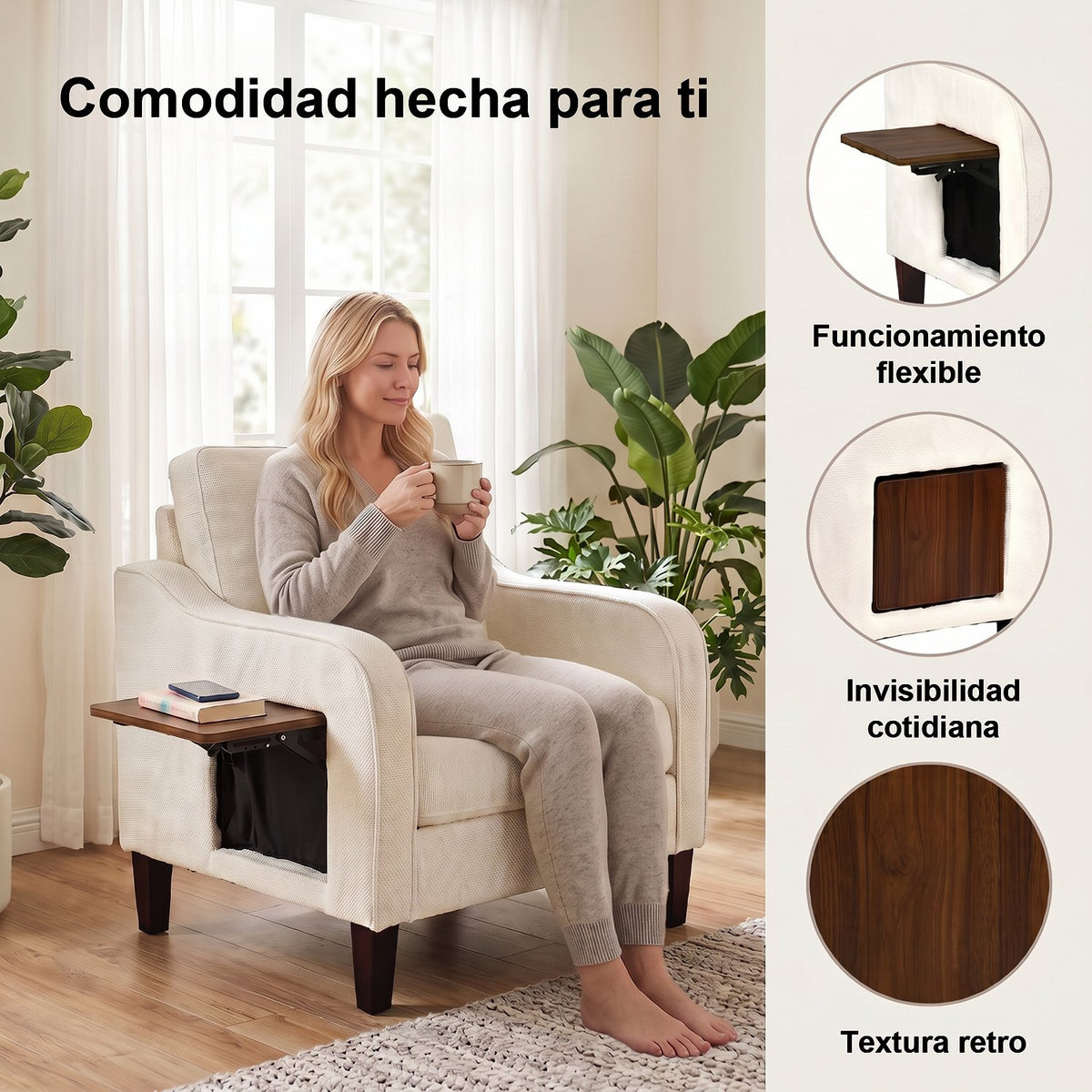 Sillón Individual de Chenille Beige - comodidad y bandeja lateral