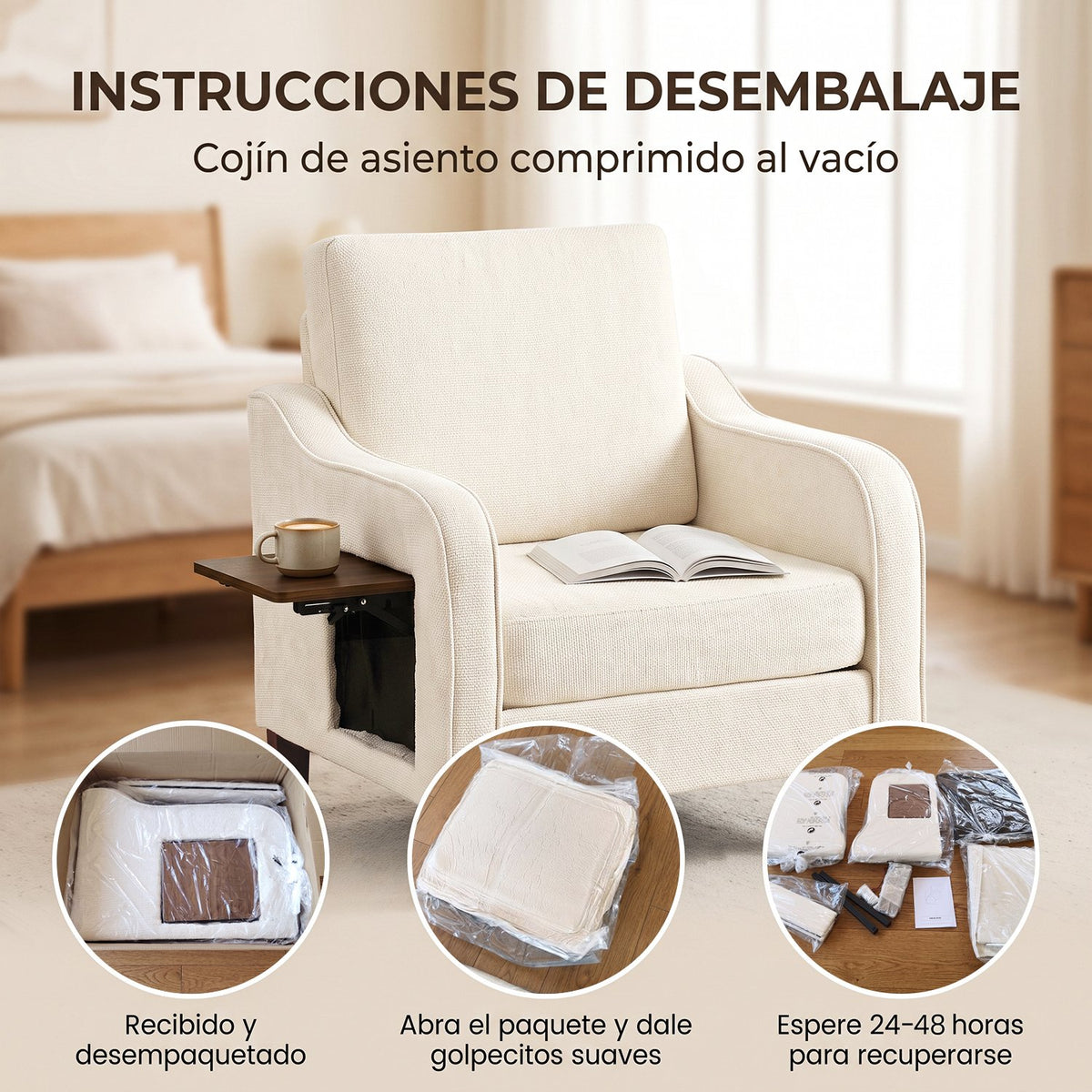 Sillón Individual de Chenille Beige - instrucciones de desembalaje