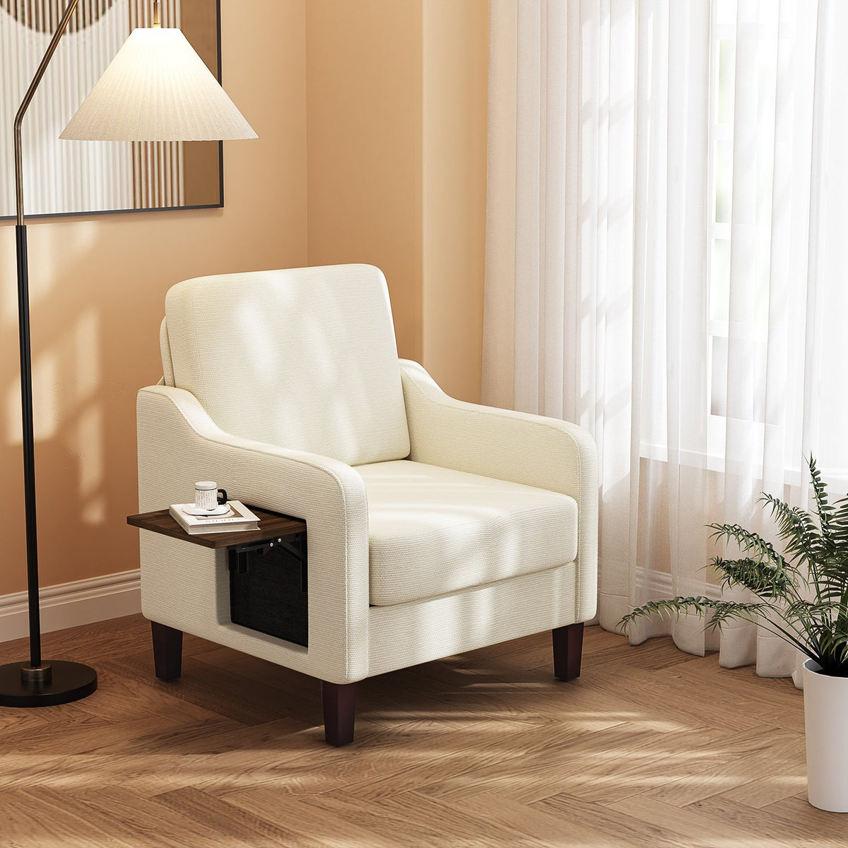 Sillón Individual de Chenille Beige con Bandeja Lateral de Madera - vista principal