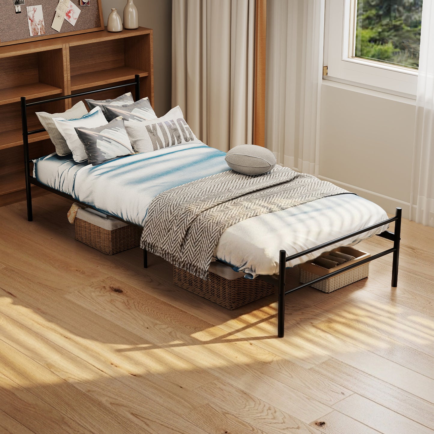 Cama Twin Armazón de Cama de Metal de fácil Montaje con cabecera y pie de Cama Negro