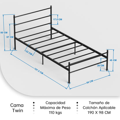 Cama Twin Armazón de Cama de Metal de fácil Montaje con cabecera y pie de Cama Negro