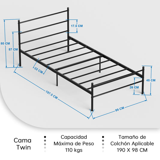 Cama Twin Armazón de Cama de Metal de fácil Montaje con cabecera y pie de Cama Negro