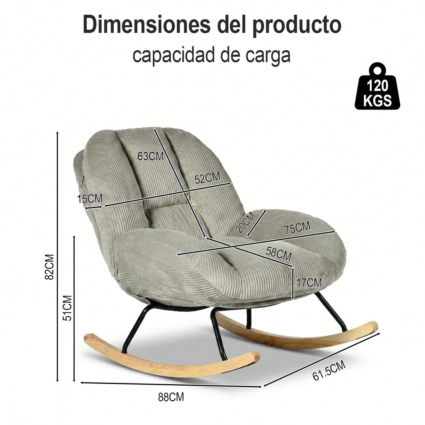 Silla Mecedora Tapizada de Pana Gris con Base de Madera y Metal