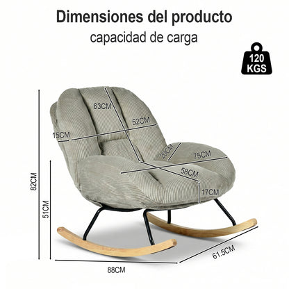 Silla Mecedora Tapizada de Pana Gris con Base de Madera y Metal
