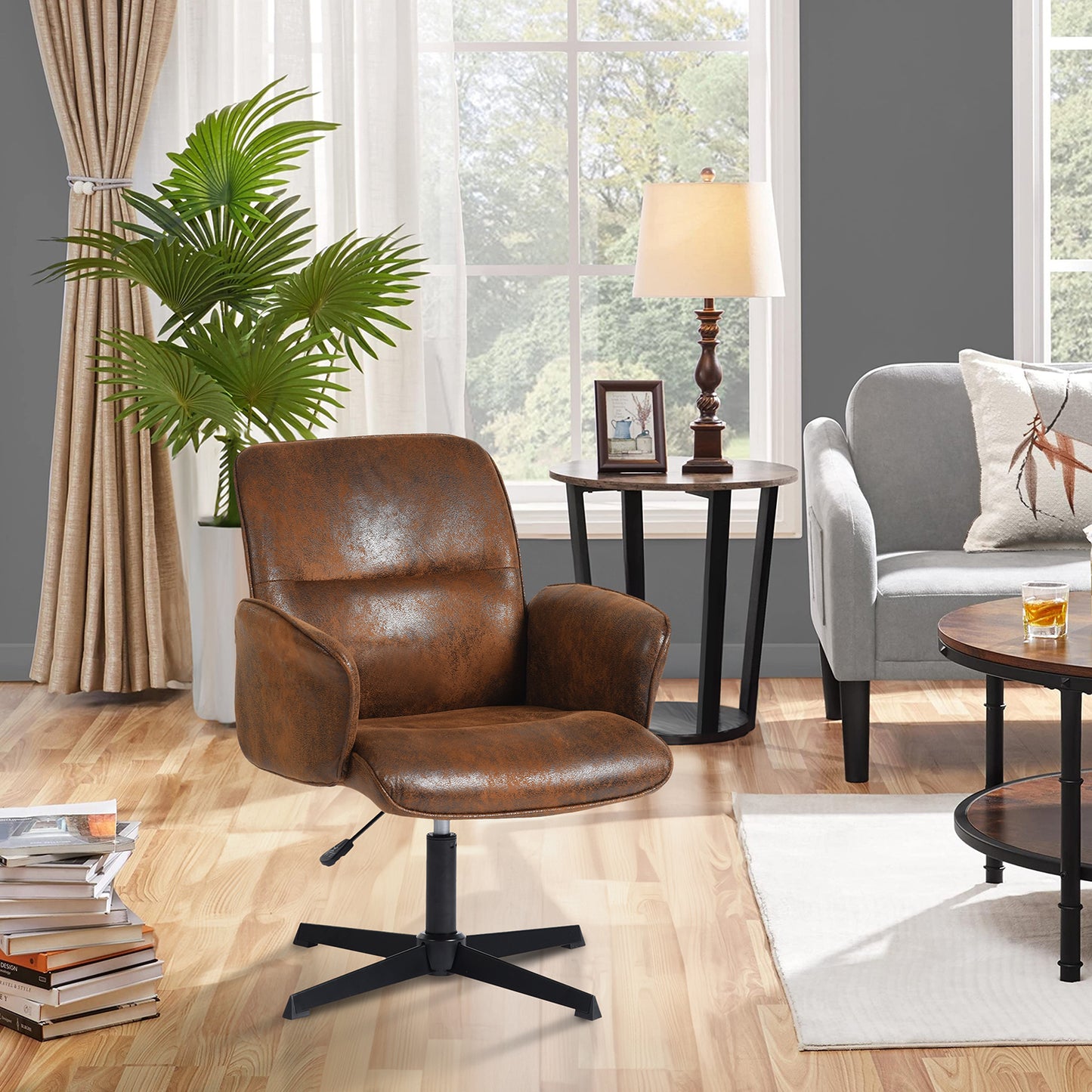 Silla Cruzada, Silla de Oficina Ergonómica con Respaldo Medio y Reposabrazos Marrón