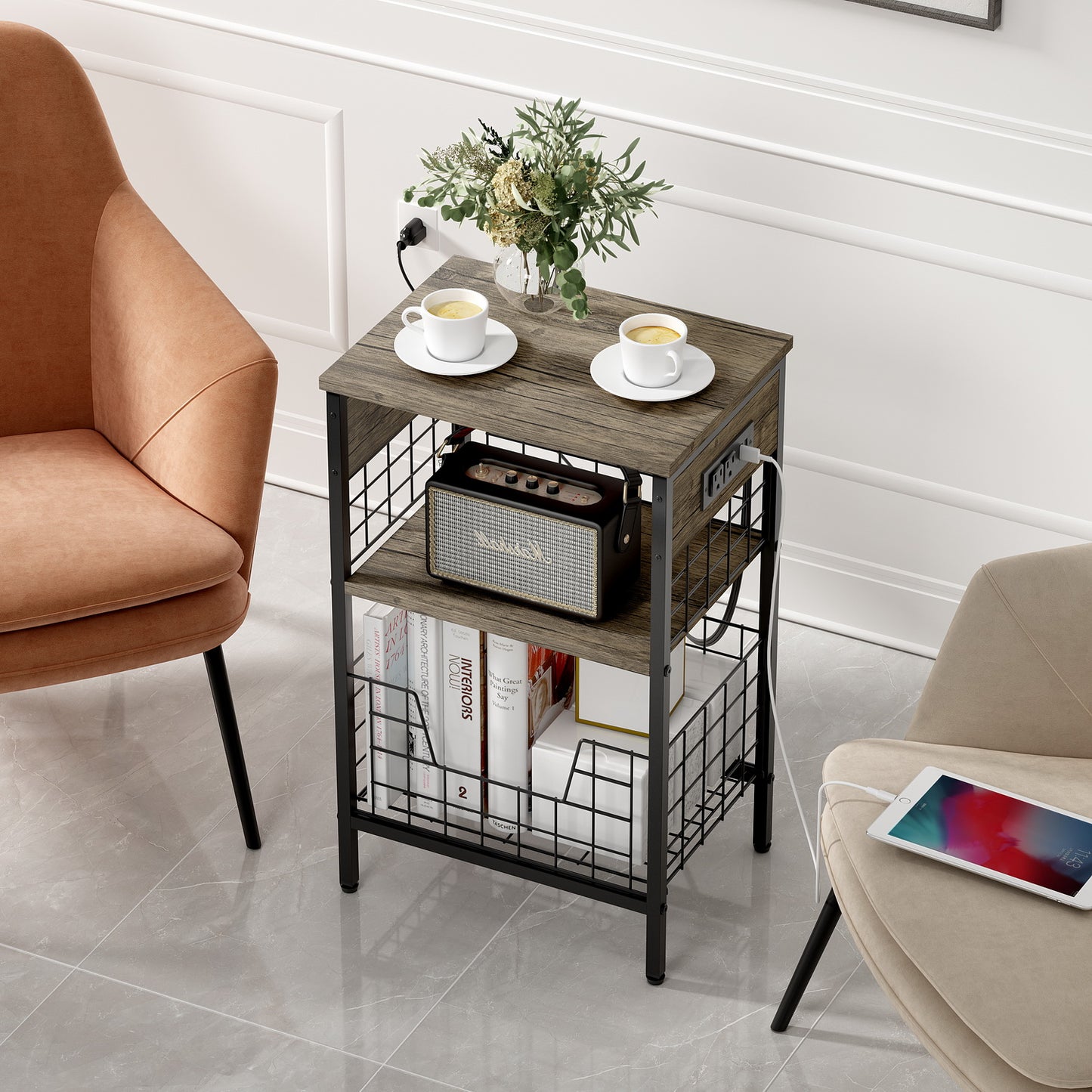 Mesa Auxiliar con Estación de Carga y Puertos USB Café