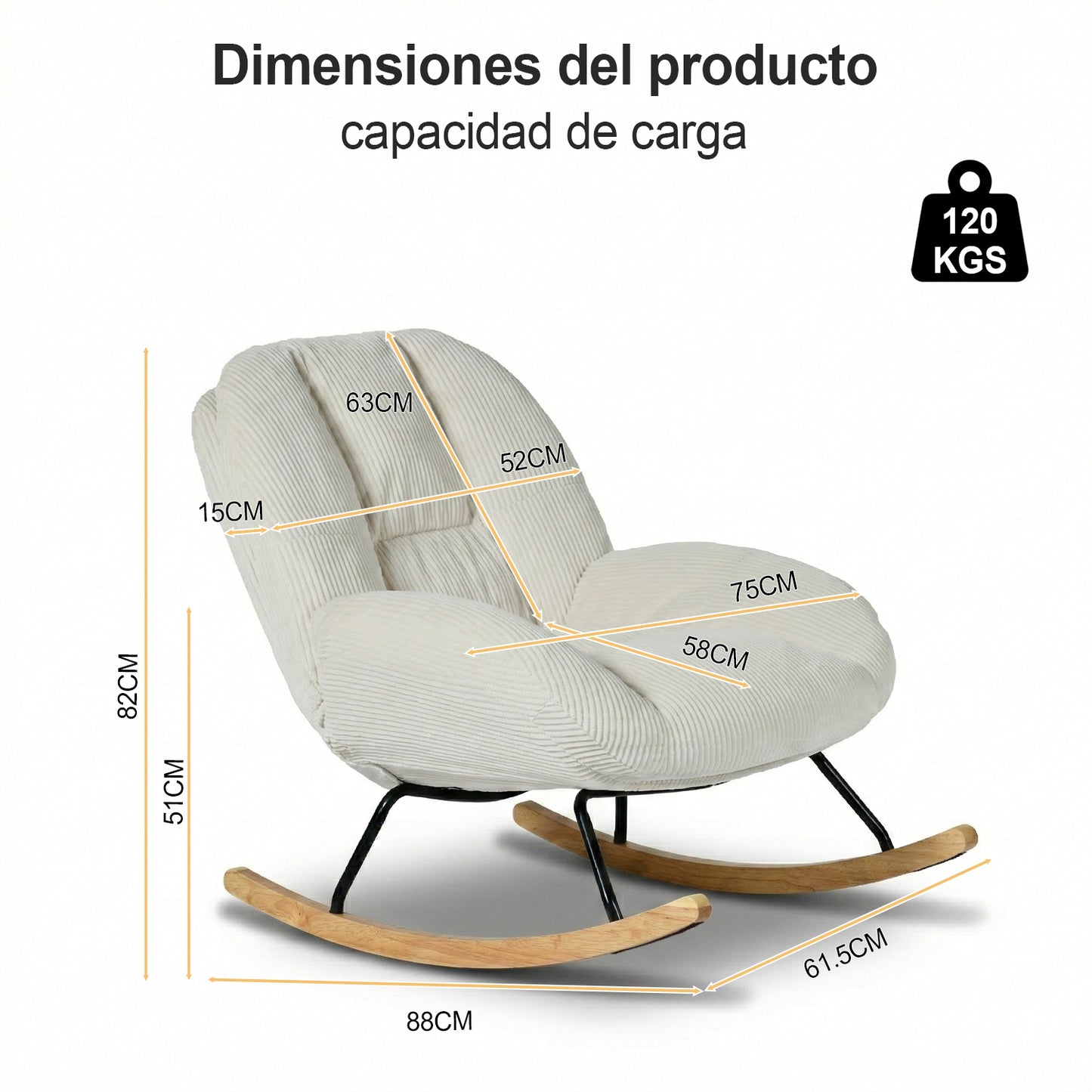 Silla Mecedora Tapizada de Pana Beige con Base de Madera y Metal