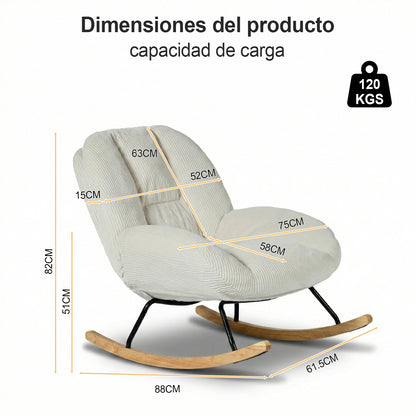 Silla Mecedora Tapizada de Pana Beige con Base de Madera y Metal