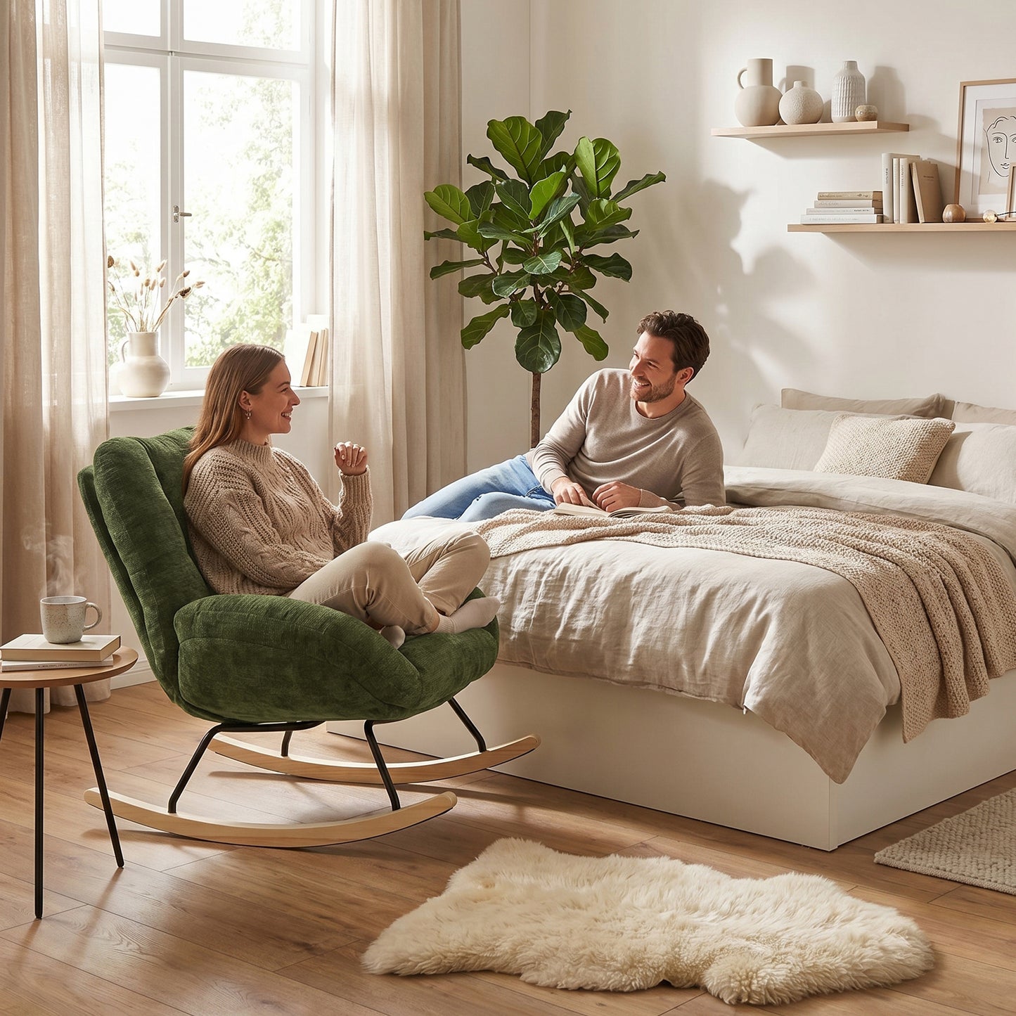 Silla Mecedora Tapizada con Tela Suave y Cómoda Verde con Base de Madera y Metal