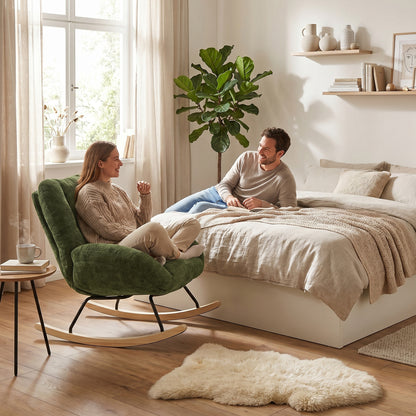 Silla Mecedora Tapizada con Tela Suave y Cómoda Verde con Base de Madera y Metal
