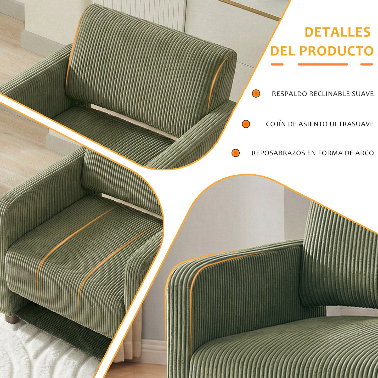 Sillón Individual Moderno de Pana Verde con Espacio para Mascotas