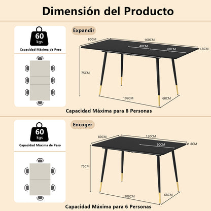 Mesa de Comedor Rectangular Extensible 160 cm Negro
