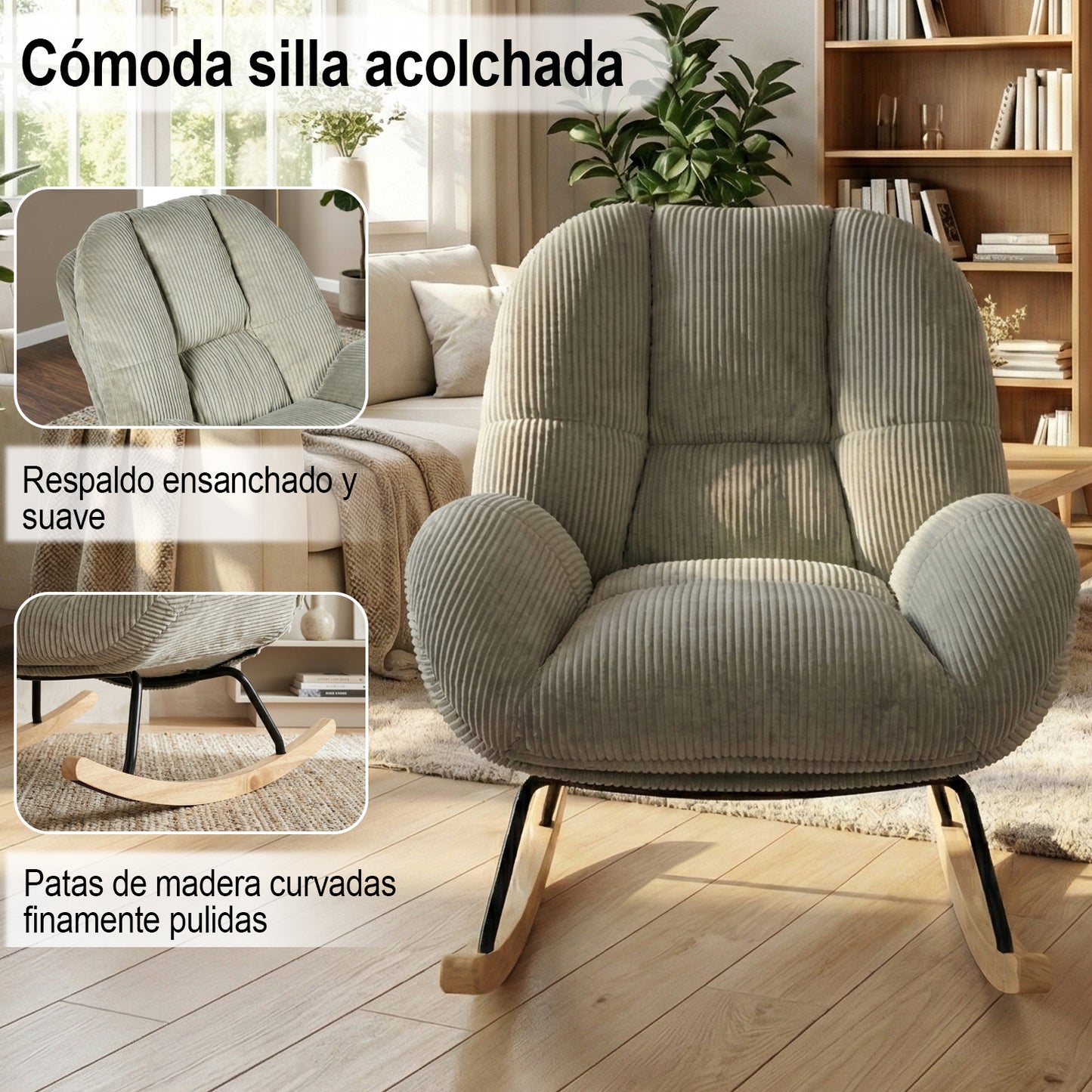 Silla Mecedora Tapizada de Pana Gris con Base de Madera y Metal