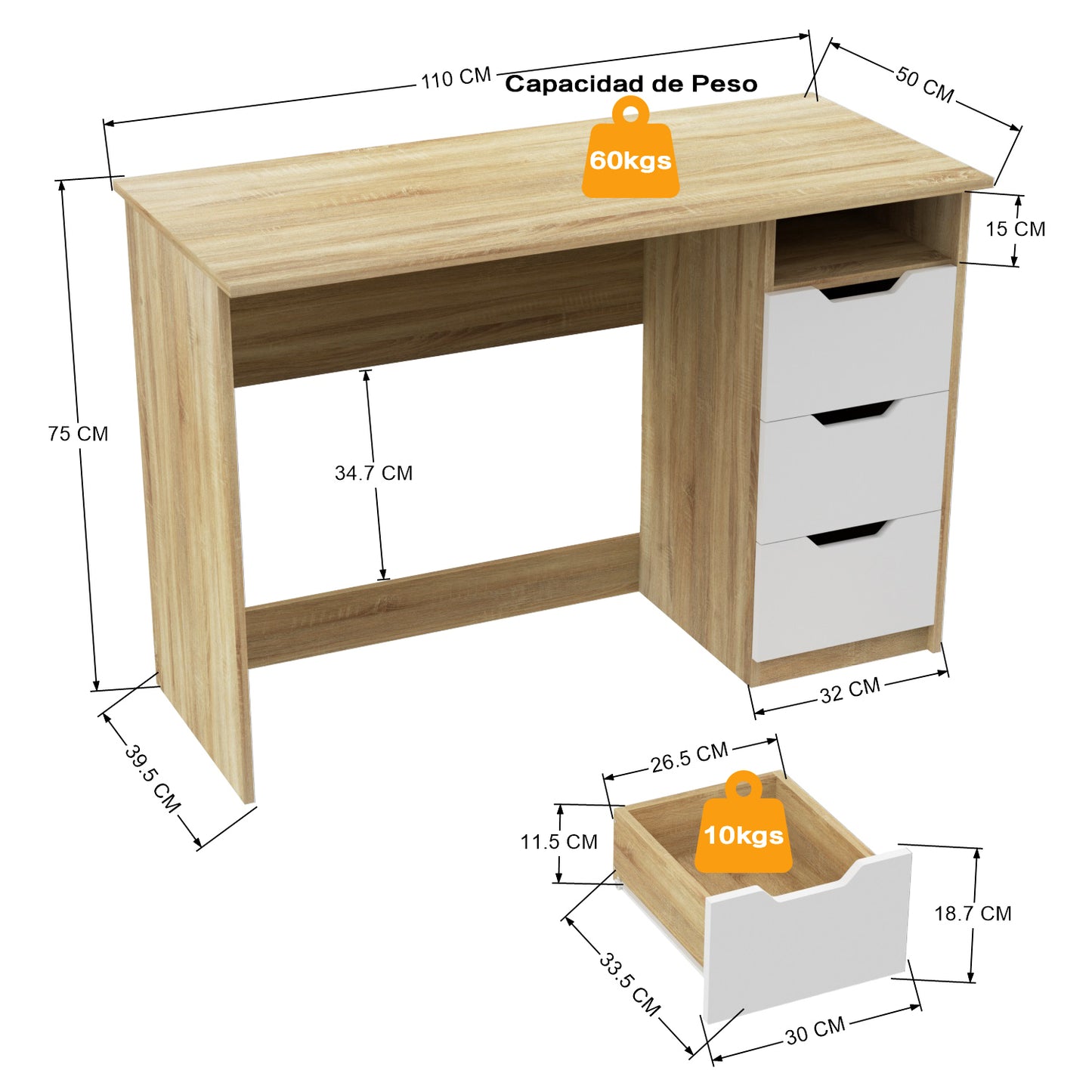 Escritorio de Madera de Computadora Multiuso con 3 Cajones Haya