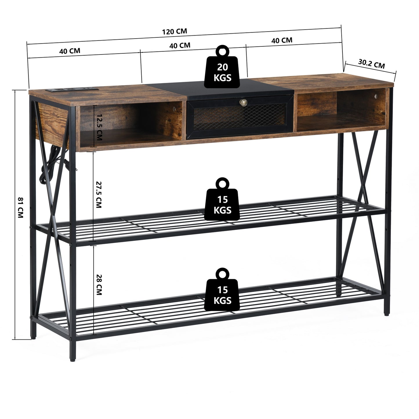Mesa Consola con Tomacorrientes y Puertos USB Vintage y Negro