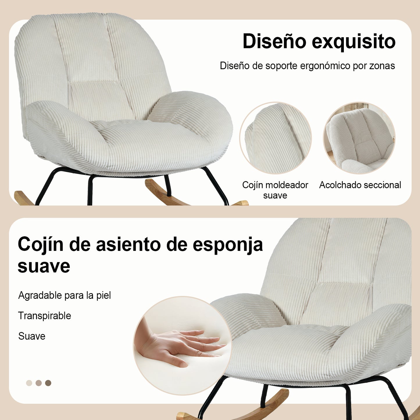 Silla Mecedora Tapizada de Pana Beige con Base de Madera y Metal