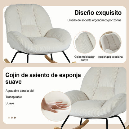 Silla Mecedora Tapizada de Pana Beige con Base de Madera y Metal