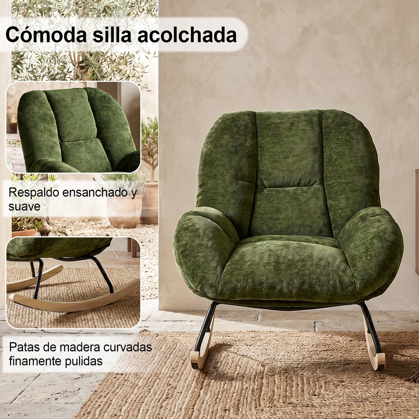 Silla Mecedora Tapizada con Tela Suave y Cómoda Verde con Base de Madera y Metal