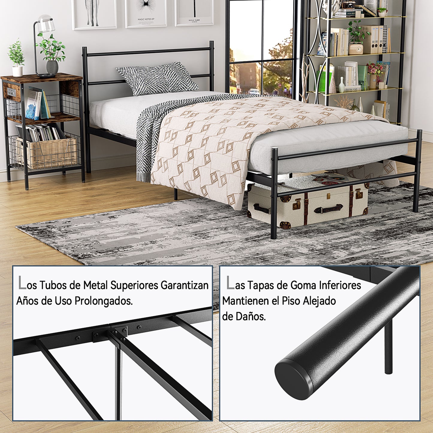 Cama Twin Armazón de Cama de Metal de fácil Montaje con cabecera y pie de Cama Negro