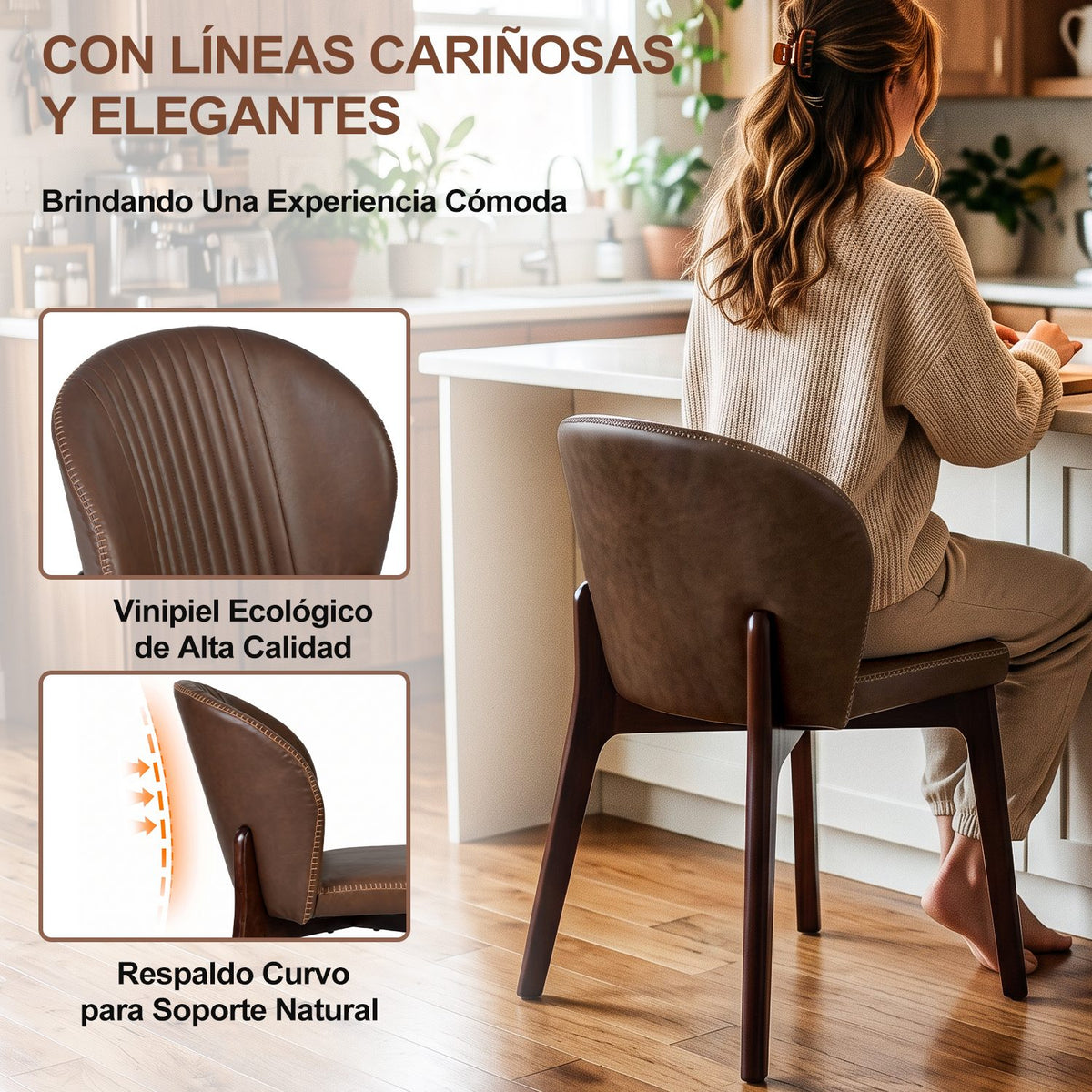 Juego de 2 Sillas para Comedor, Tapizadas en Piel Sintética PU Color Café