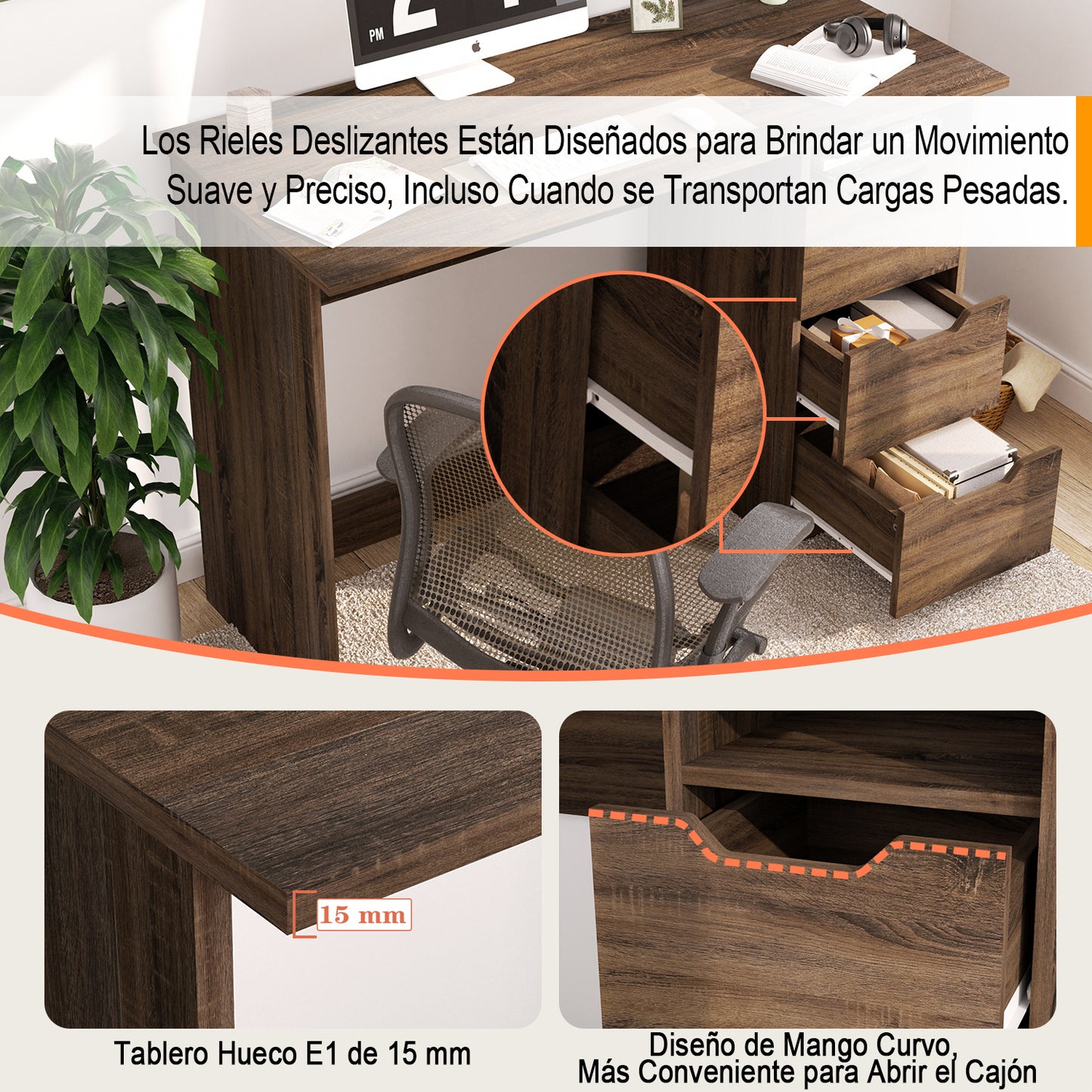 Escritorio de Madera de Computadora Multiuso con 3 Cajones Nogal