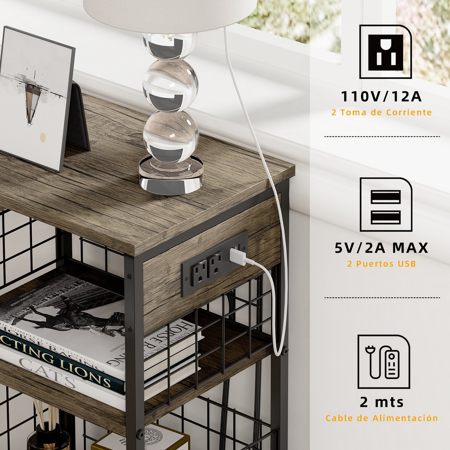 Mesa Auxiliar con Estación de Carga y Puertos USB Café