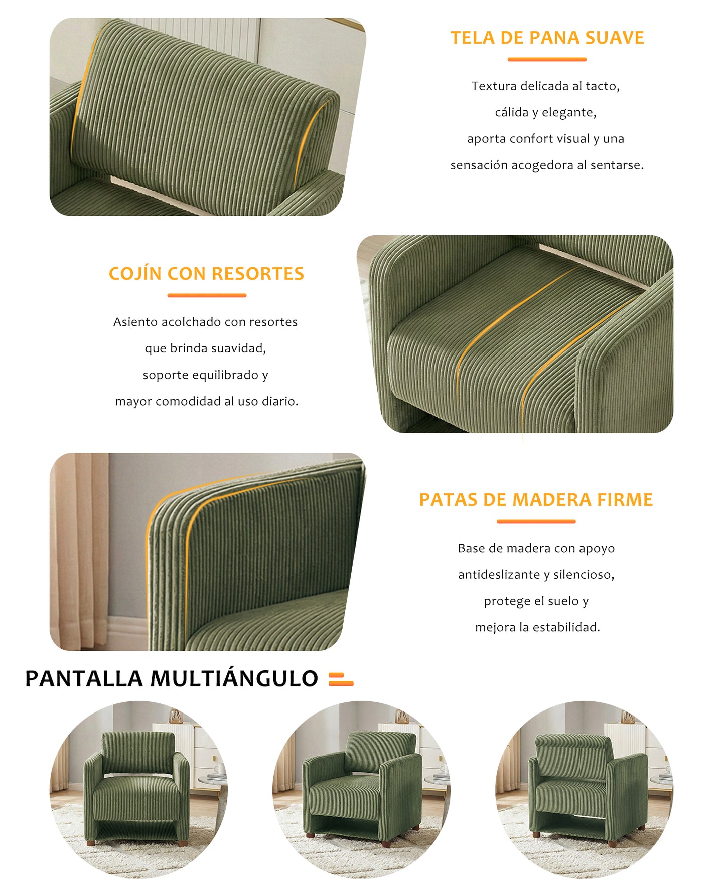 Sillón Individual Moderno de Pana Verde con Espacio para Mascotas