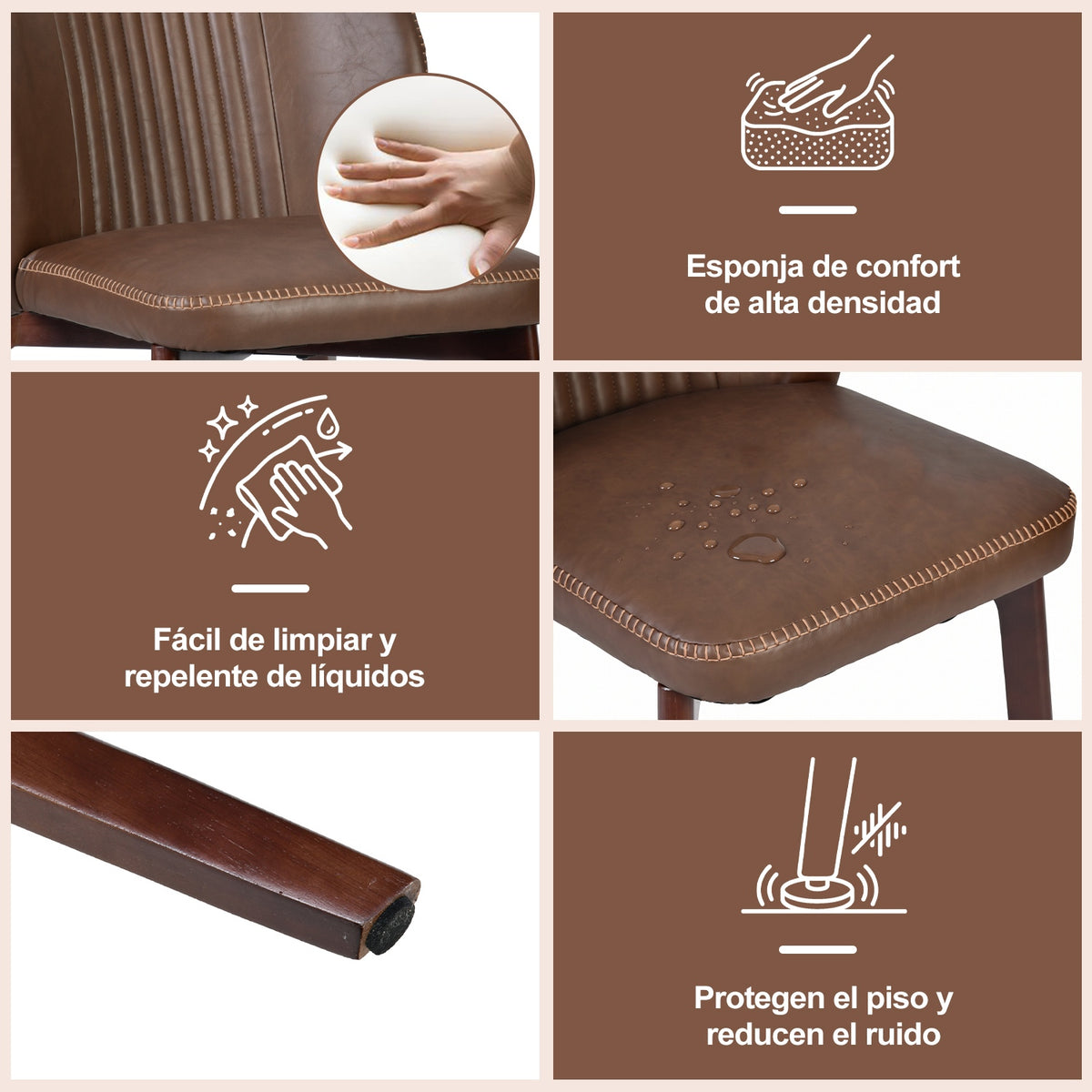 Juego de 2 Sillas para Comedor, Tapizadas en Piel Sintética PU Color Café