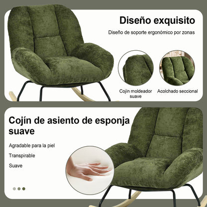 Silla Mecedora Tapizada con Tela Suave y Cómoda Verde con Base de Madera y Metal