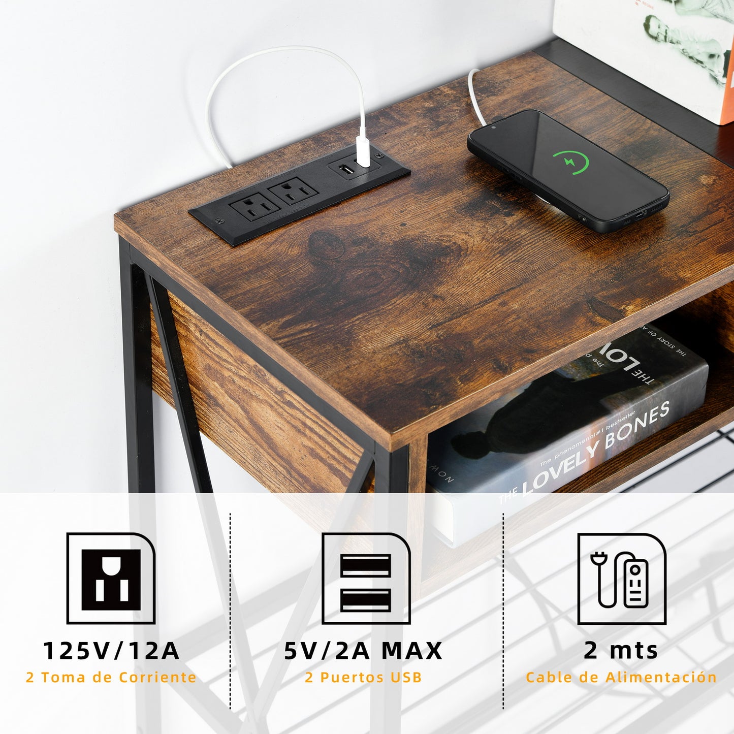 Mesa Consola con Tomacorrientes y Puertos USB Vintage y Negro