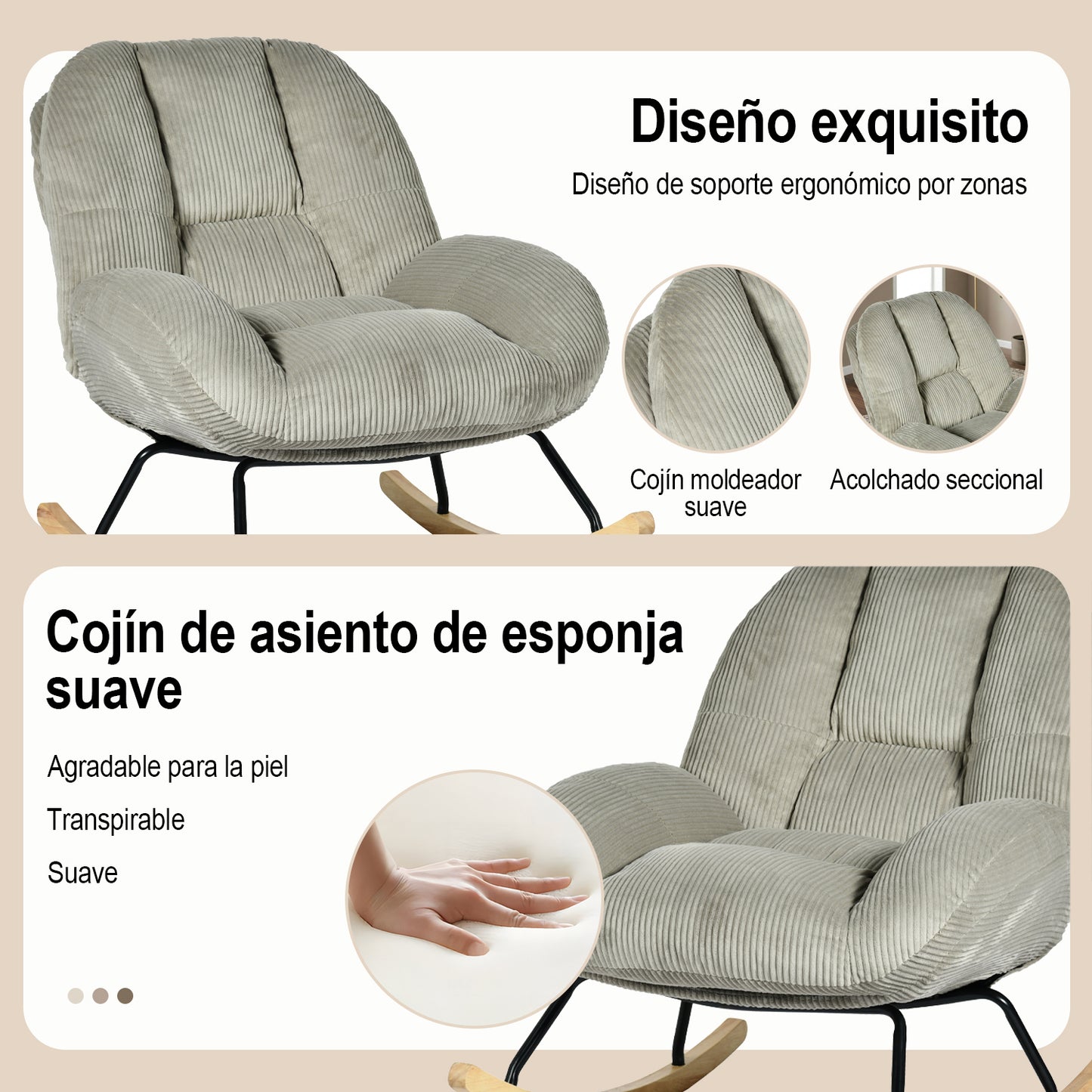 Silla Mecedora Tapizada de Pana Gris con Base de Madera y Metal