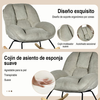 Silla Mecedora Tapizada de Pana Gris con Base de Madera y Metal