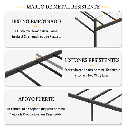 Cama Twin Armazón de Cama de Metal de fácil Montaje con cabecera y pie de Cama Negro