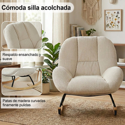 Silla Mecedora Tapizada de Pana Beige con Base de Madera y Metal