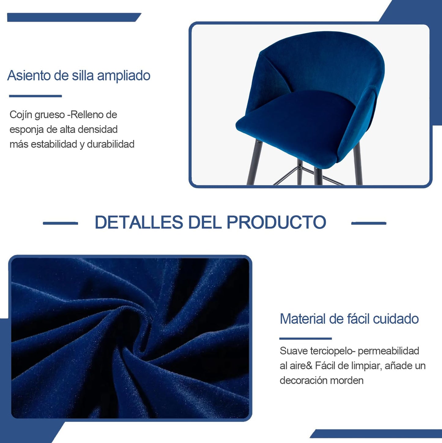 Conjunto de 2 sillas de Bar de Cocina para Interiores con Brazos Azul