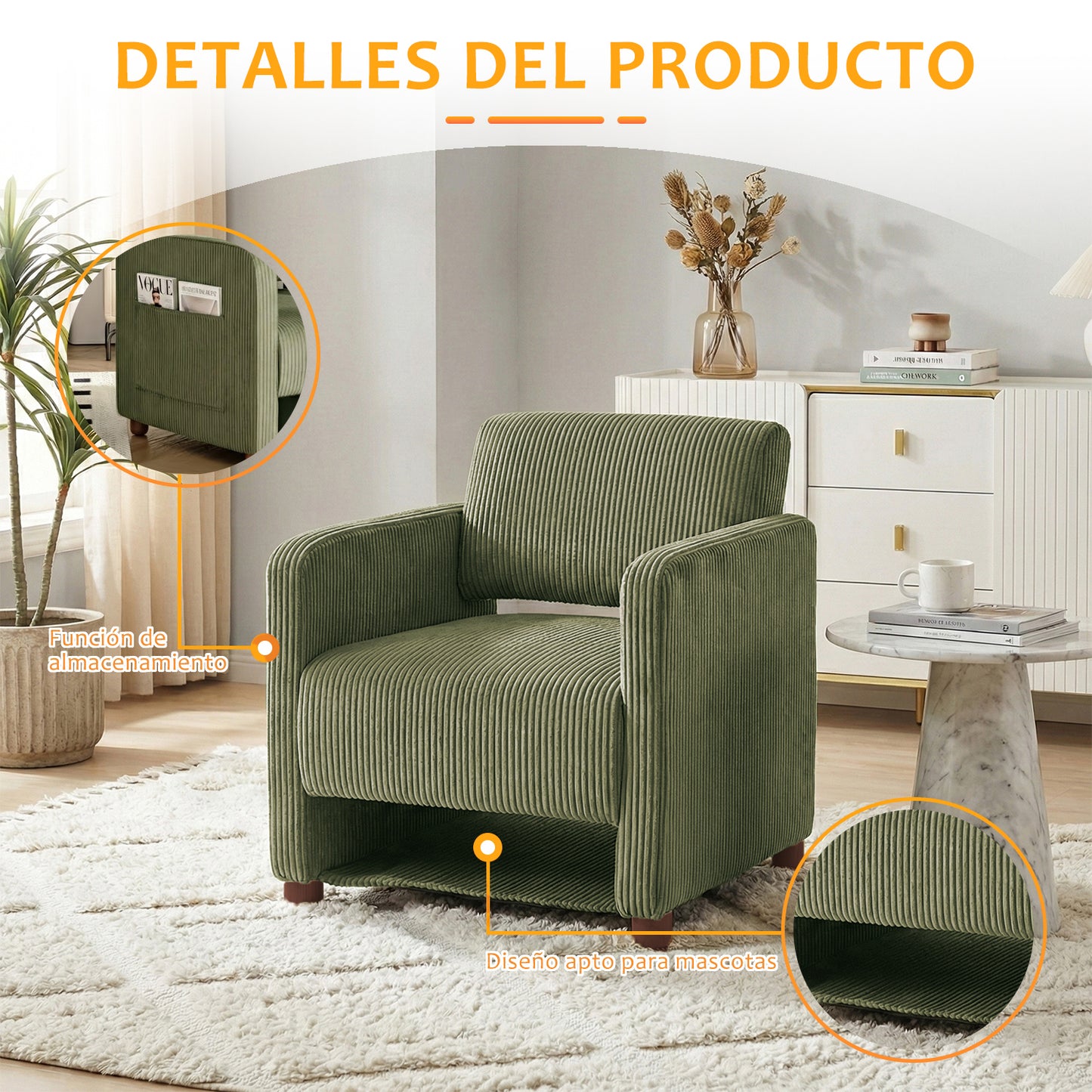 Sillón Individual Moderno de Pana Verde con Espacio para Mascotas