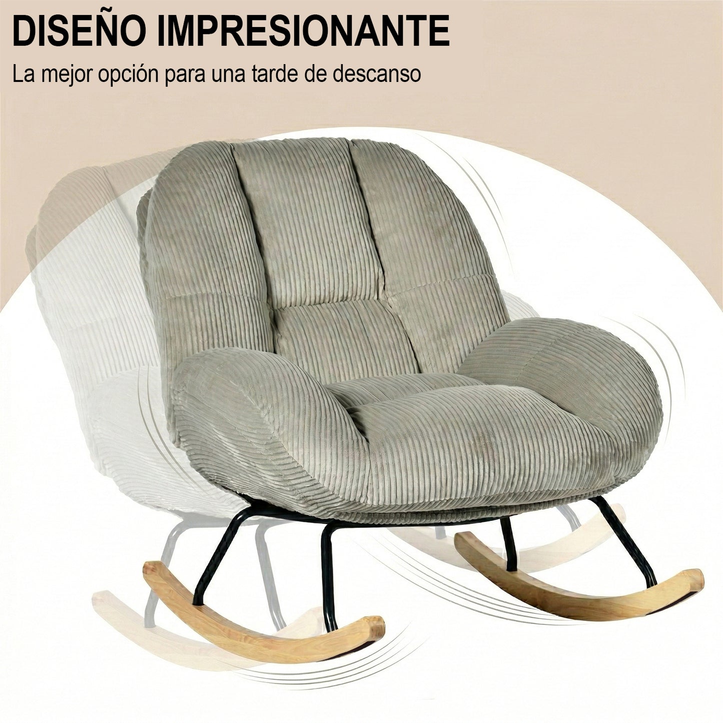 Silla Mecedora Tapizada de Pana Gris con Base de Madera y Metal