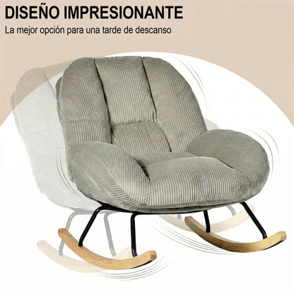 Silla Mecedora Tapizada de Pana Gris con Base de Madera y Metal