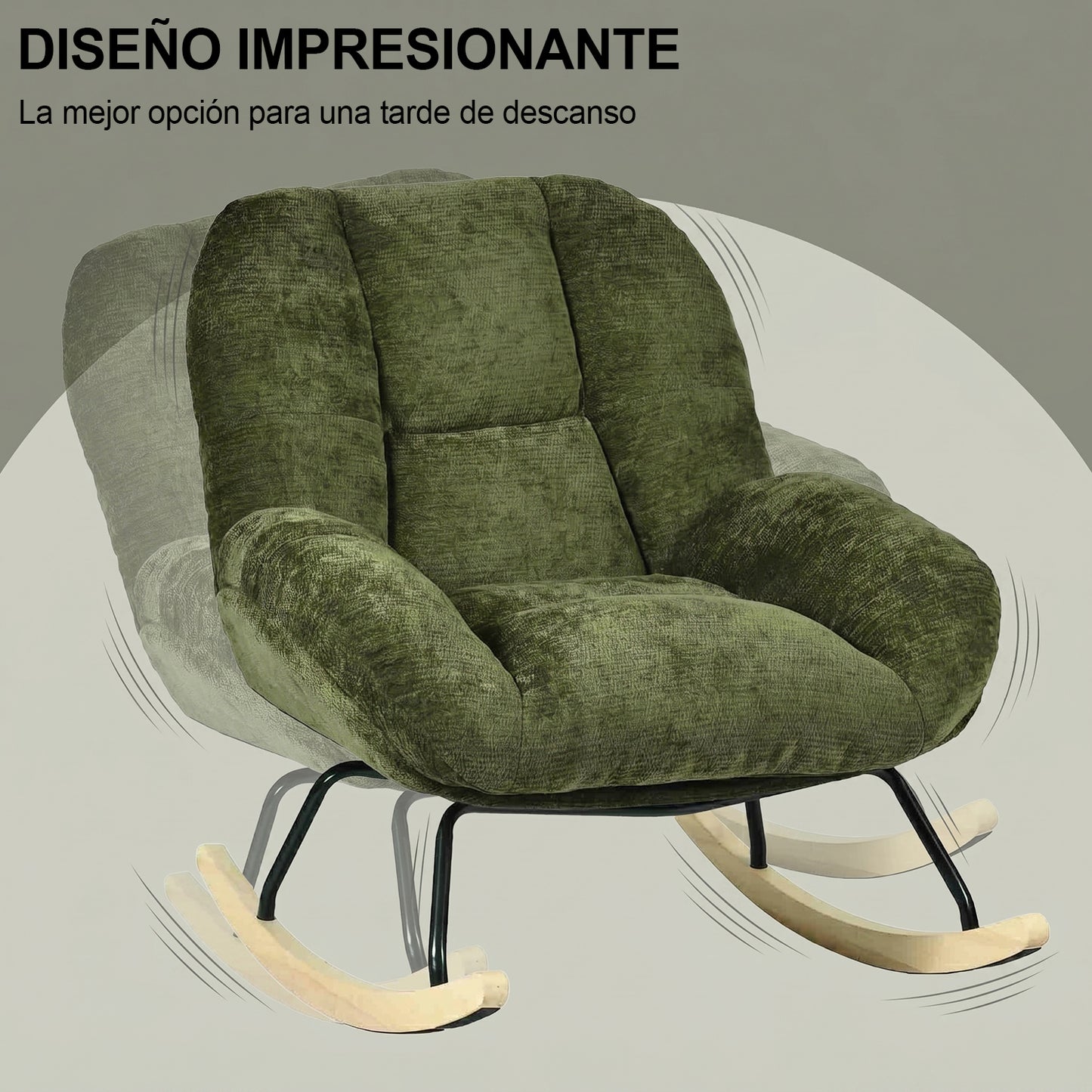 Silla Mecedora Tapizada con Tela Suave y Cómoda Verde con Base de Madera y Metal