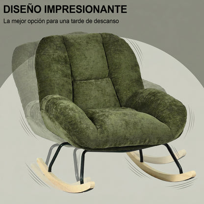 Silla Mecedora Tapizada con Tela Suave y Cómoda Verde con Base de Madera y Metal