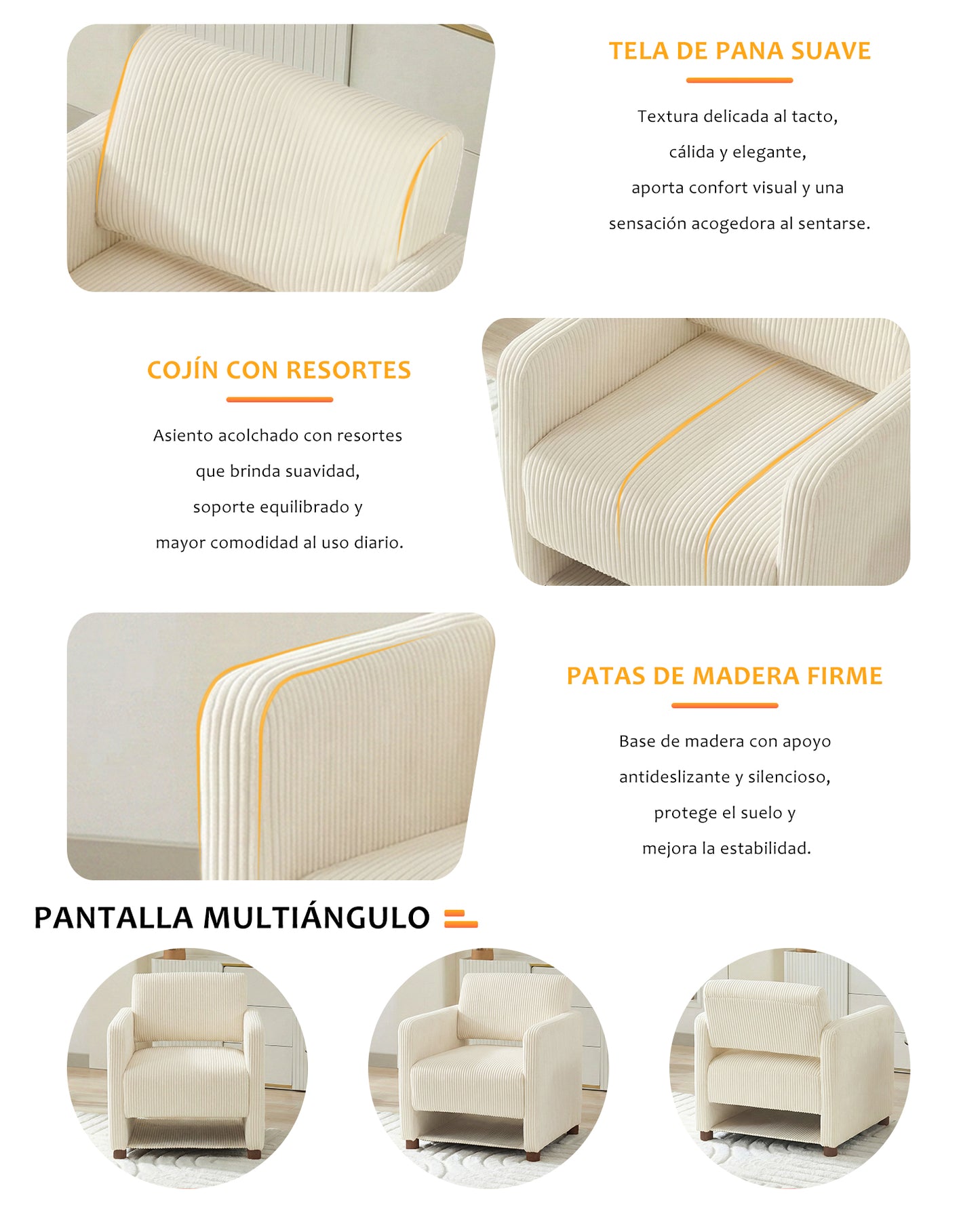 Sillón Individual Moderno de Pana Beige con Espacio para Mascotas