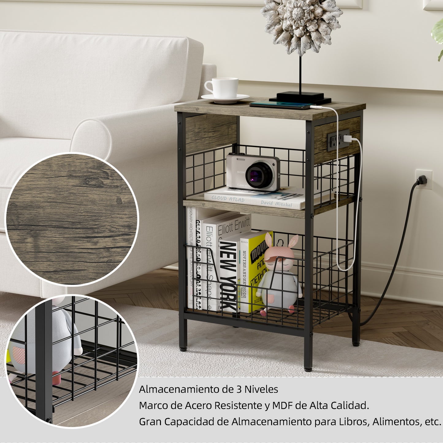 Mesa Auxiliar con Estación de Carga y Puertos USB Café