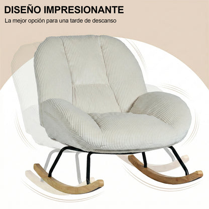 Silla Mecedora Tapizada de Pana Beige con Base de Madera y Metal